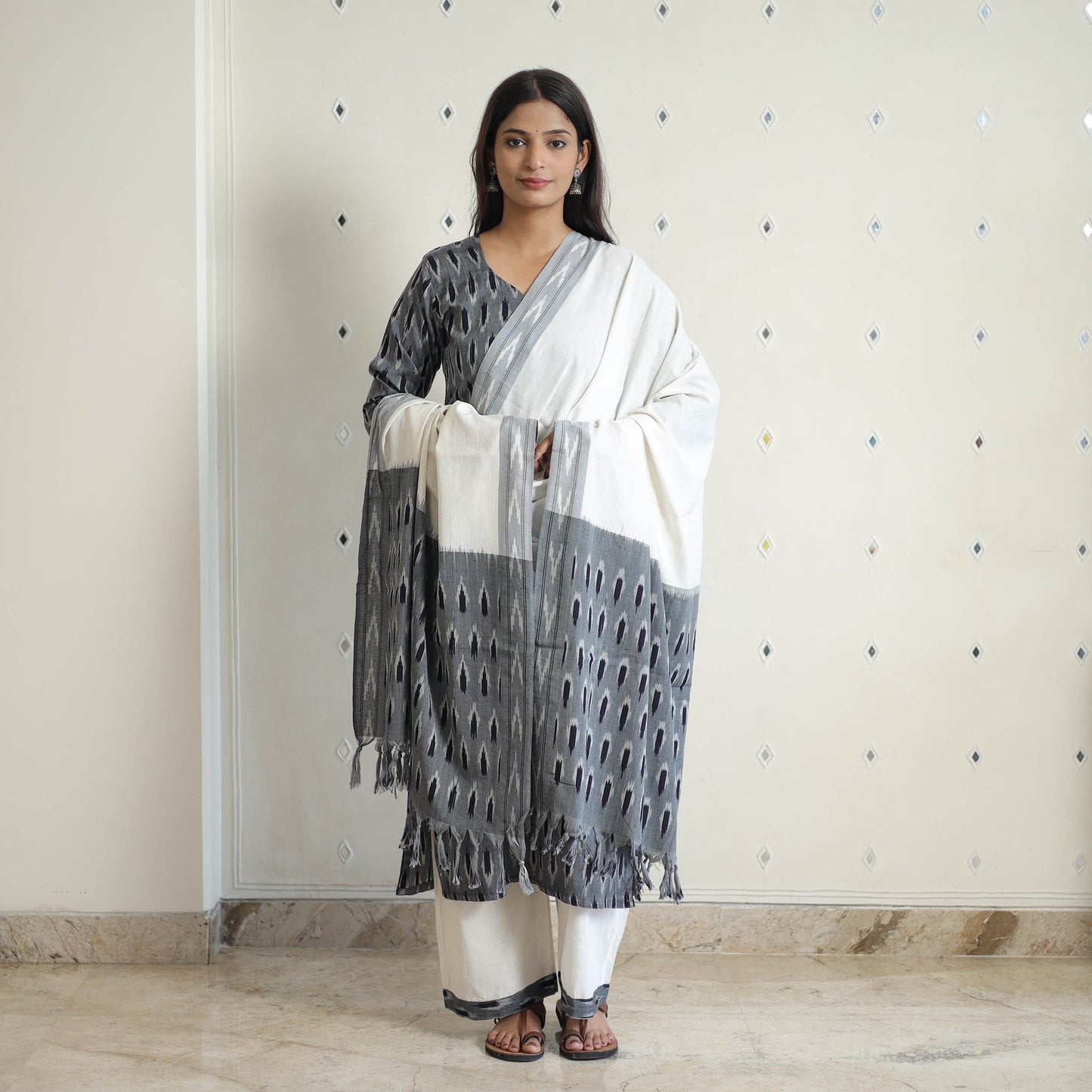 Grey Handloom Cotton Pochampally Ikat Kurta Set