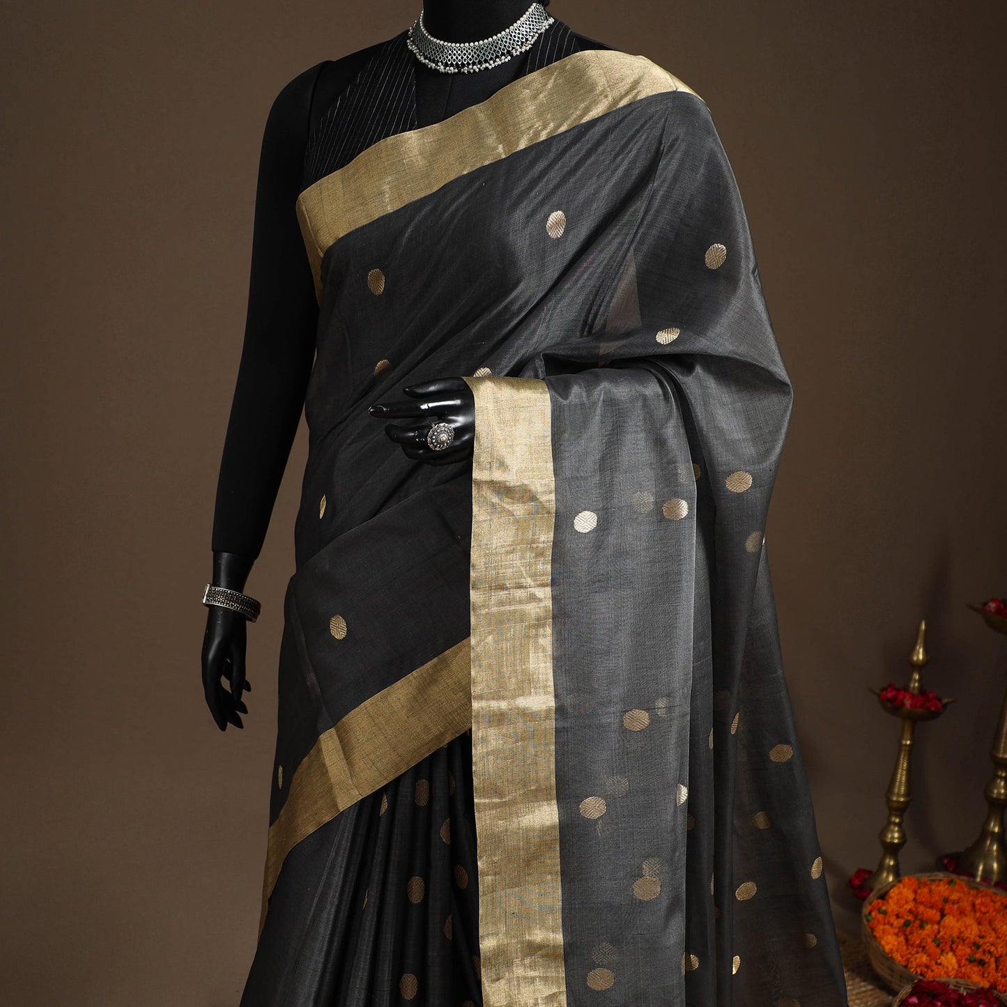 Grey - handloom zari work chanderi silk saree 16