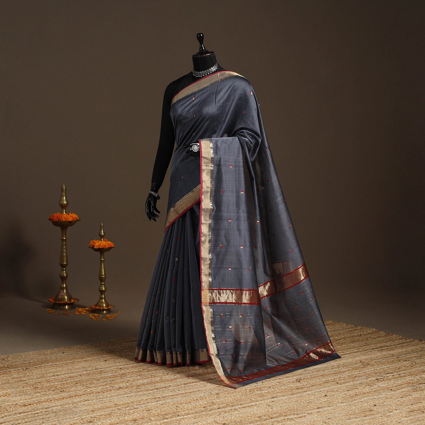 Grey - handloom zari work chanderi silk saree 20