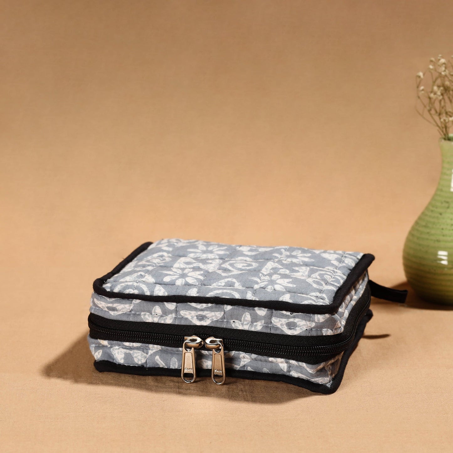 Grey Handmade Cotton Jewelry Organizer Bag for Travel