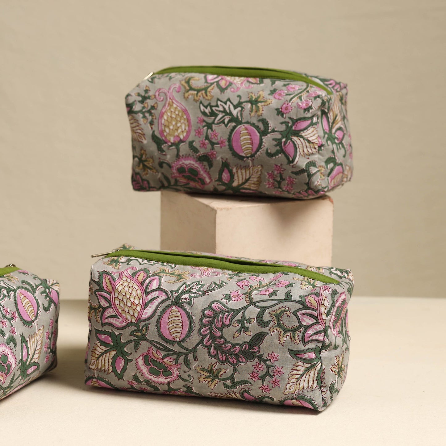 Grey Handmade Cotton Toiletry Bags (Set of 3)