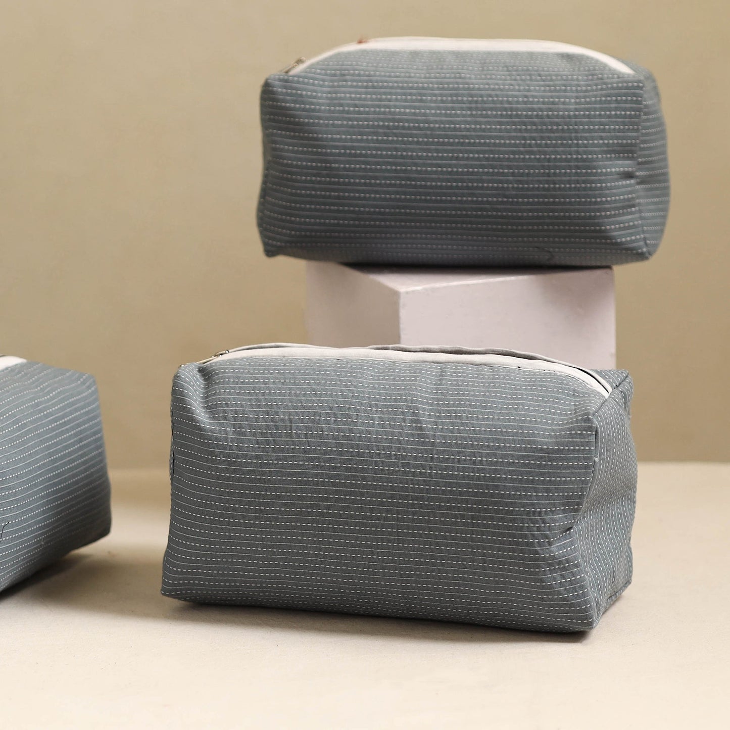 Grey Handmade Cotton Toiletry Bags (Set of 3)