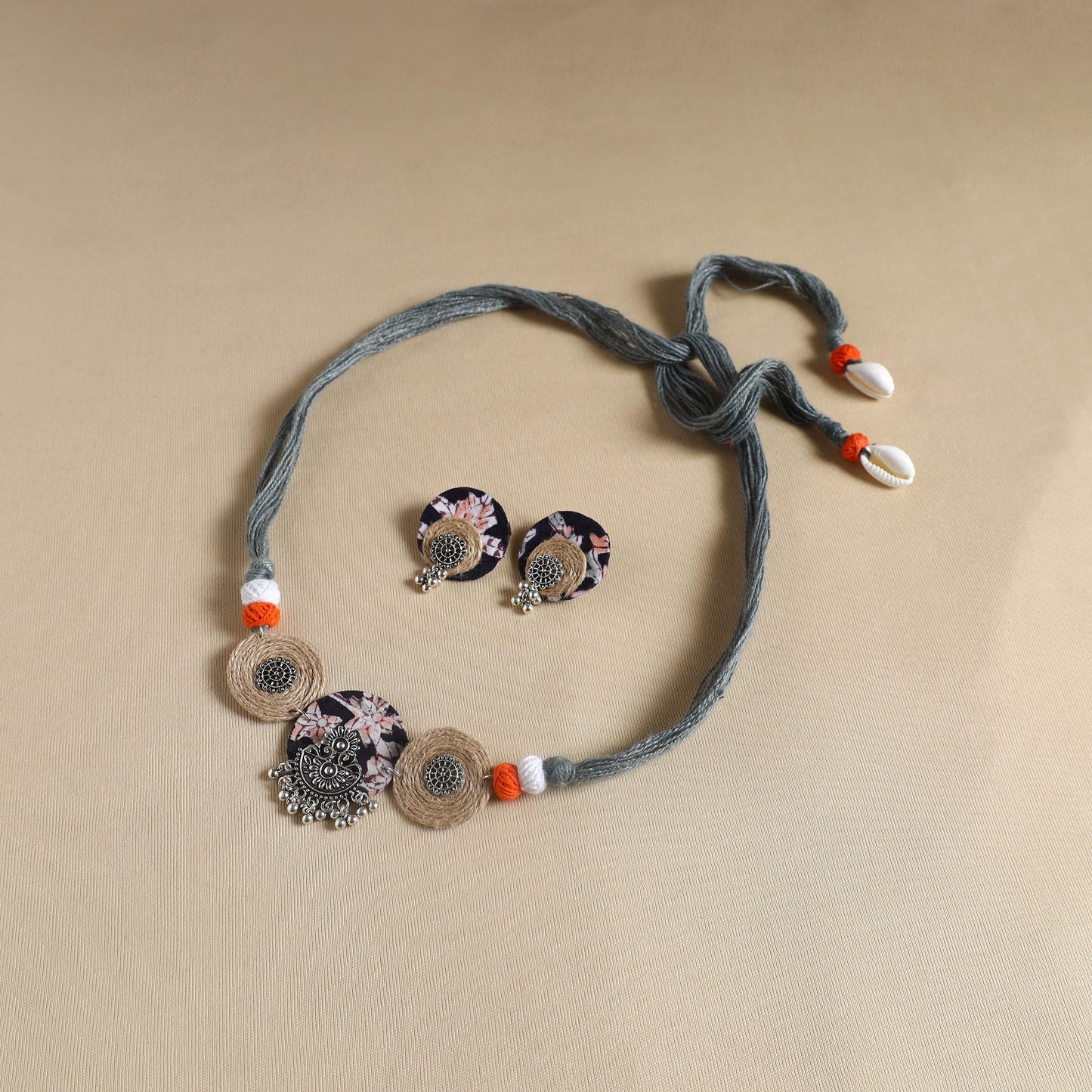 Grey - handmade gs jute fabart necklace set 05 - handcrafted