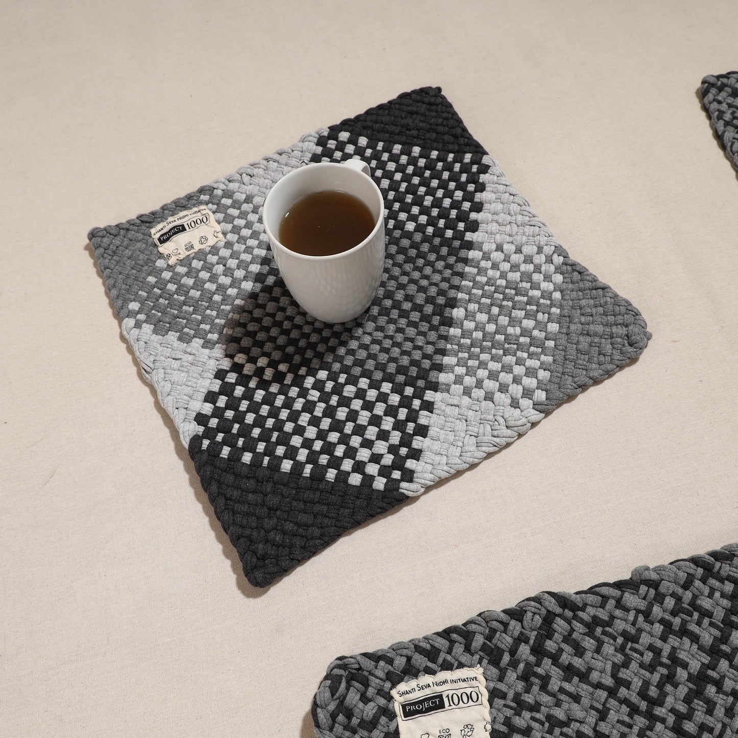 Grey Crochet Work Upcycled Cotton Square Placemat