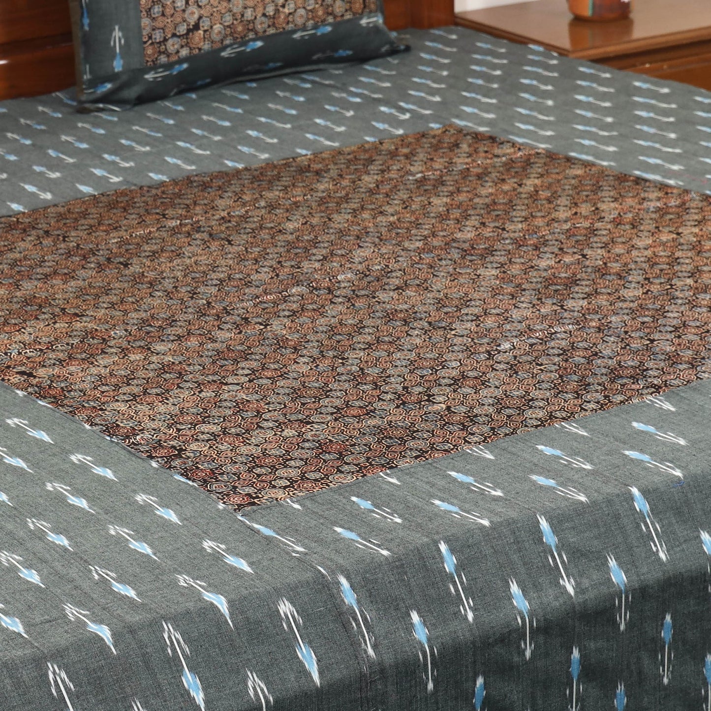 Grey - ikat with modal silk patch cotton bedsheet set 37
