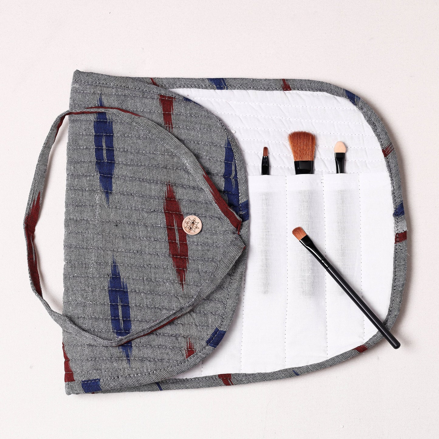 Ikat Fabric Multipurpose Segmented Make-up Brush Wrap Pouch/Case