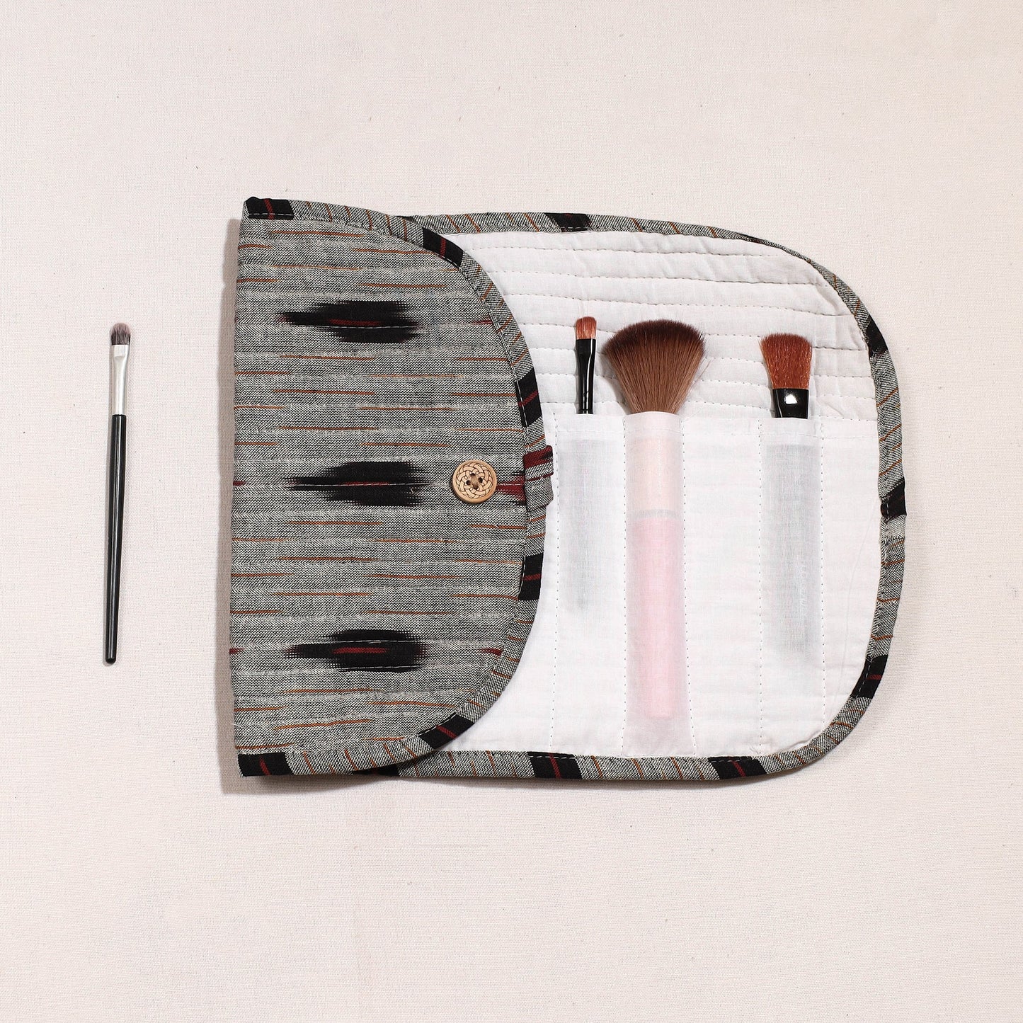 Ikat Fabric Multipurpose Segmented Make-up Brush Wrap Pouch/Case