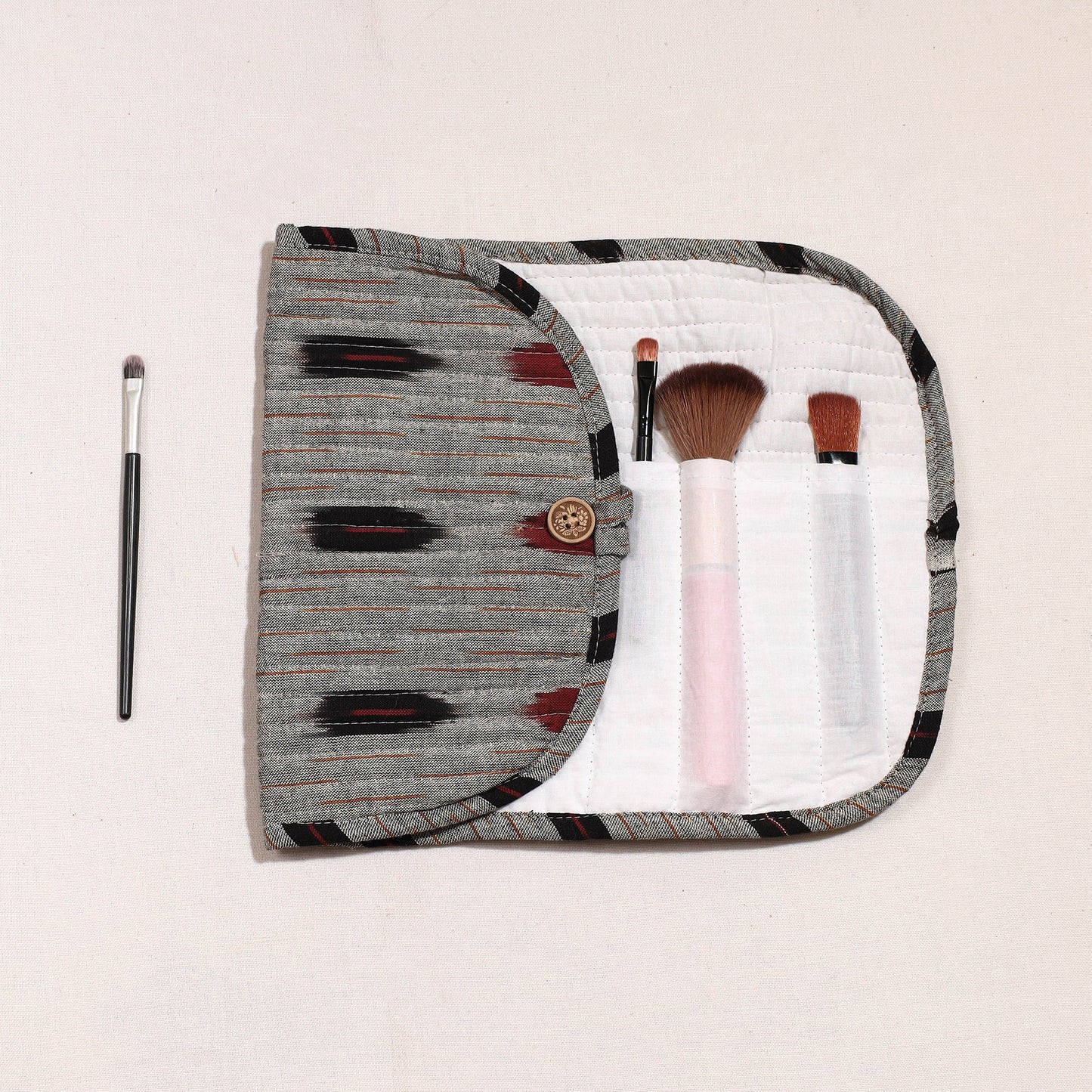 Ikat Fabric Multipurpose Segmented Make-up Brush Wrap Pouch/Case