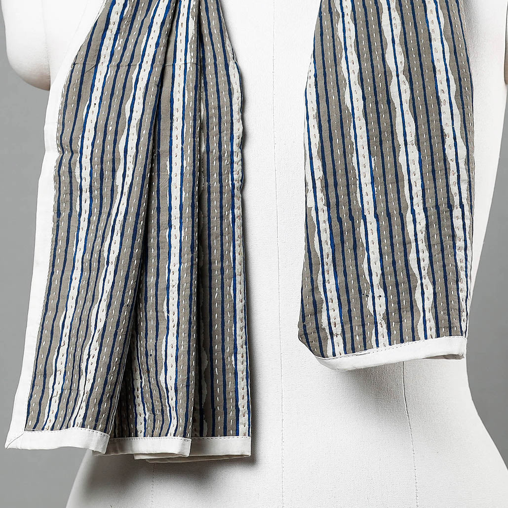Indigo Block Printed Tagai Work Cotton Stole Online at iTokri.com