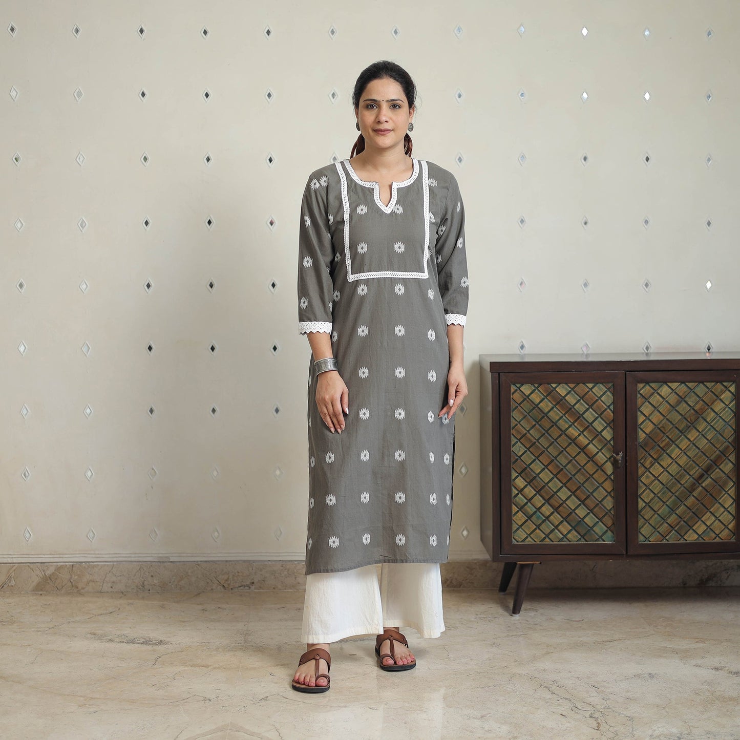 Grey - jacquard cotton straight kurta with lace work 28