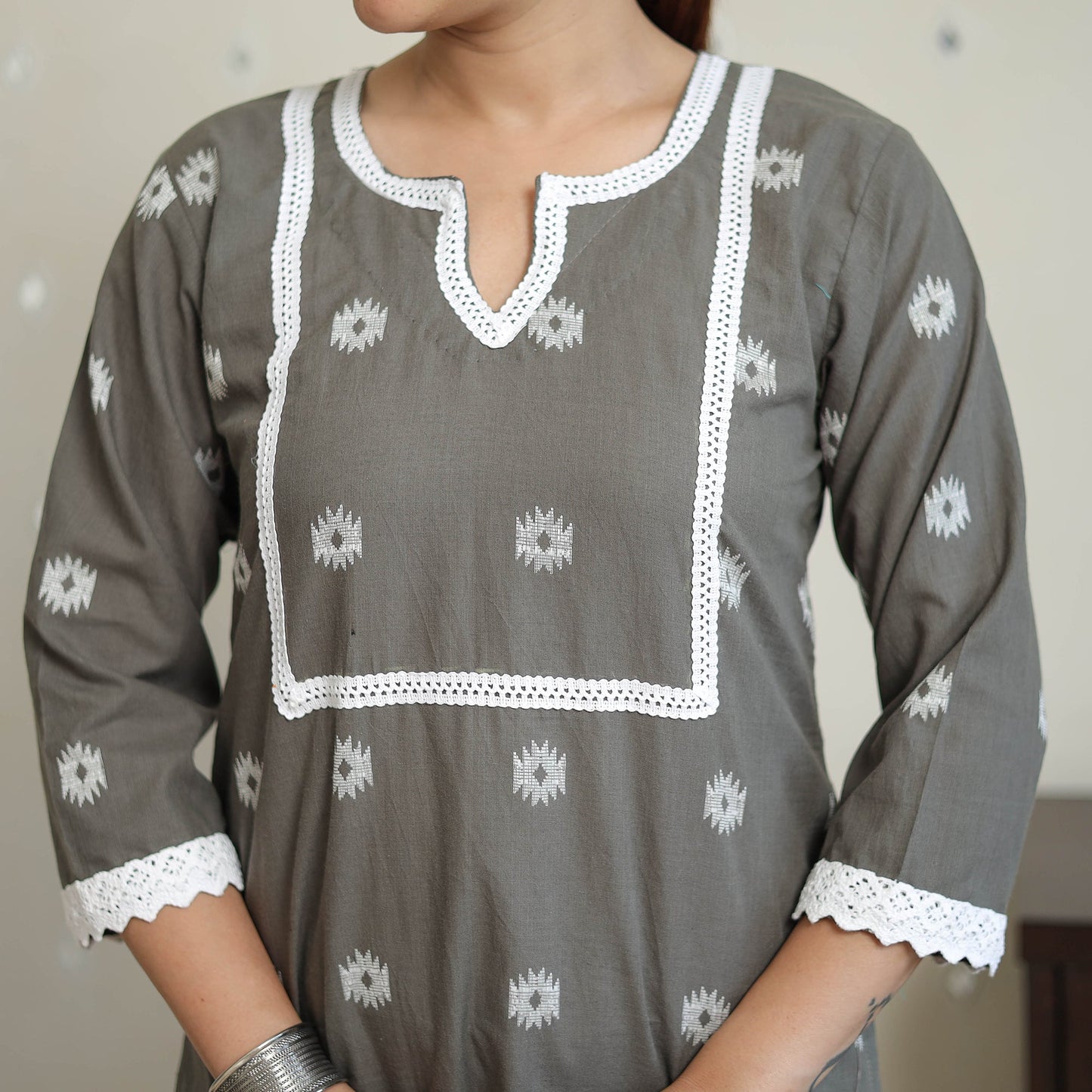 Grey - jacquard cotton straight kurta with lace work 28
