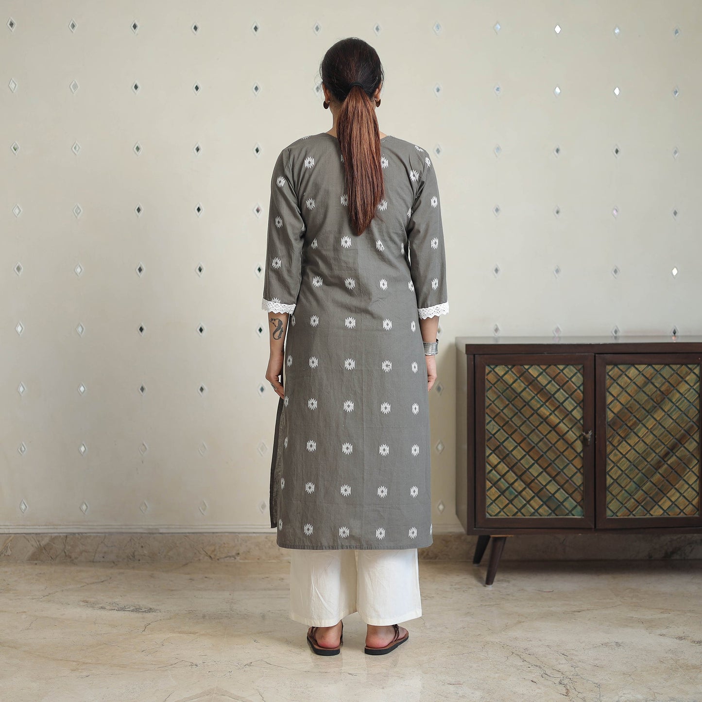 Grey - jacquard cotton straight kurta with lace work 28