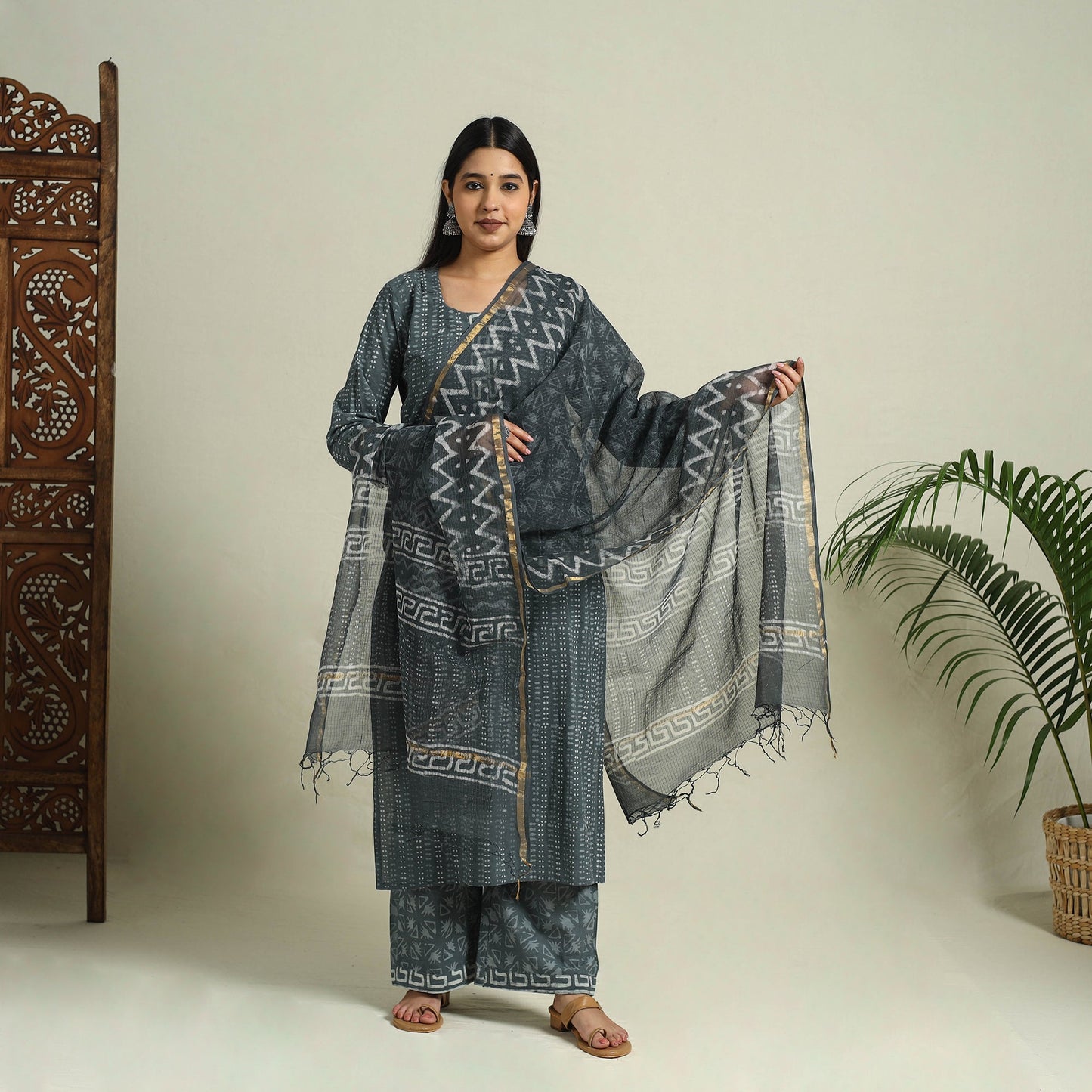 Grey Jaipur Print Cotton Kurta Set