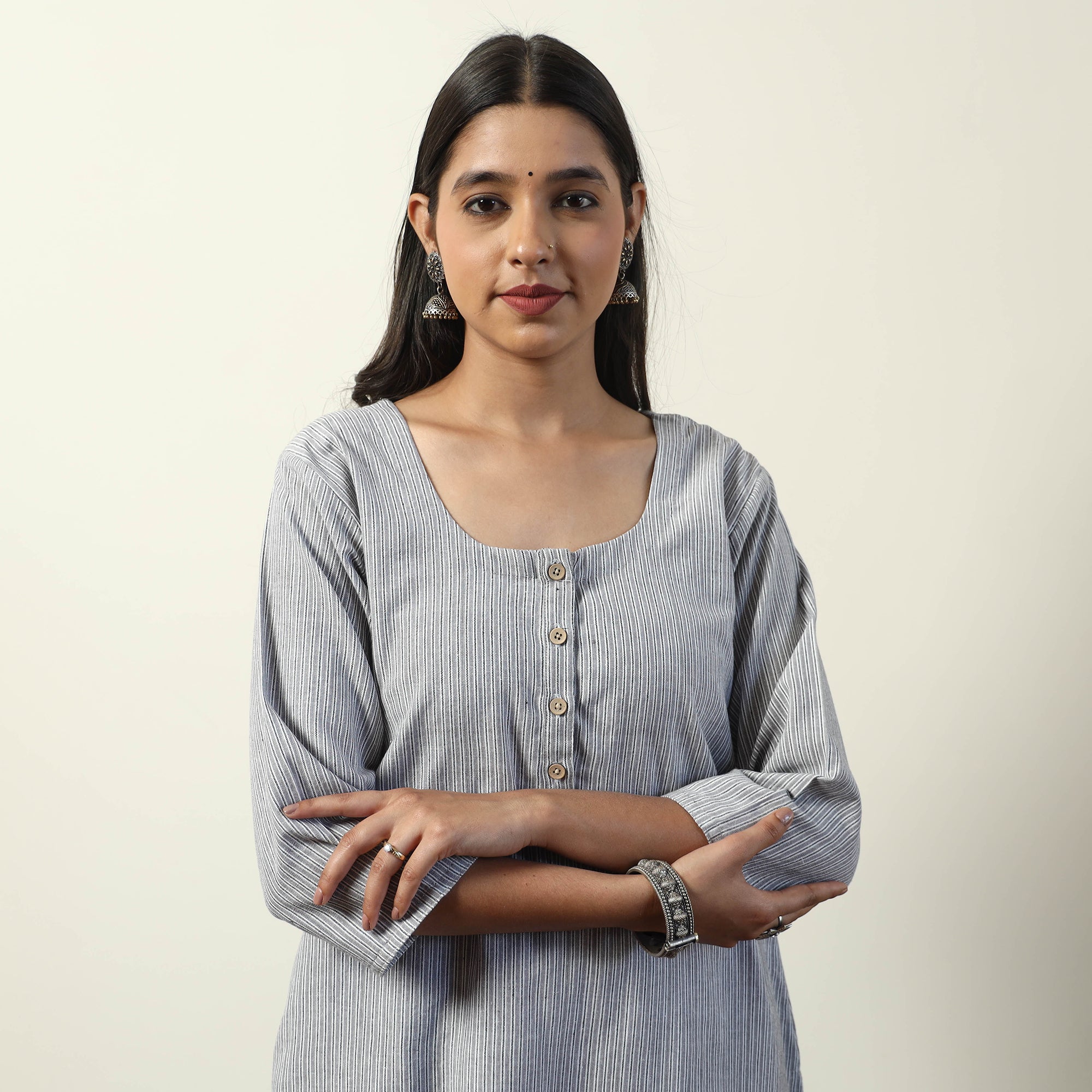Grey - Jhiri Handloom Cotton Straight Long Kurta