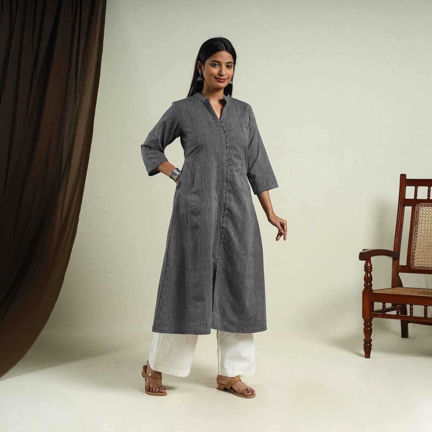 Grey Jhiri Handloom A-Line Cotton Kurta for Women