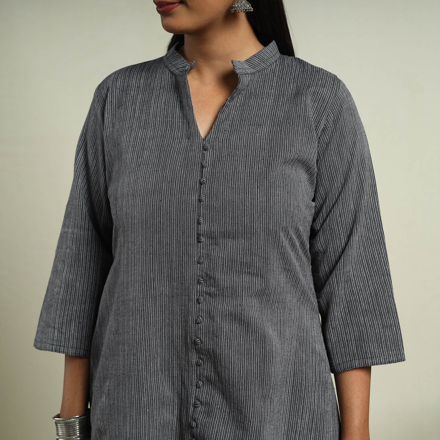 Grey Jhiri Handloom A-Line Cotton Kurta for Women