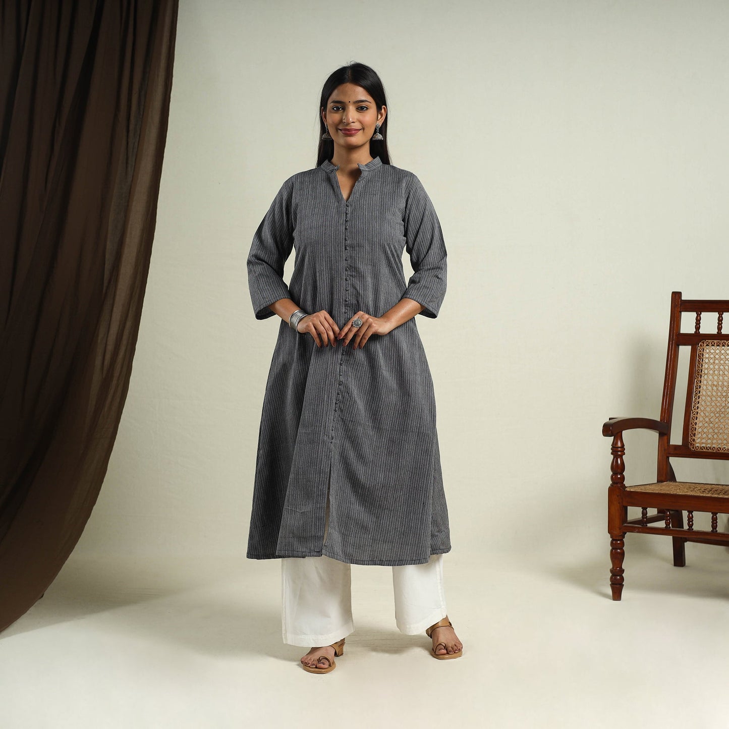 Grey Jhiri Handloom A-Line Cotton Kurta for Women