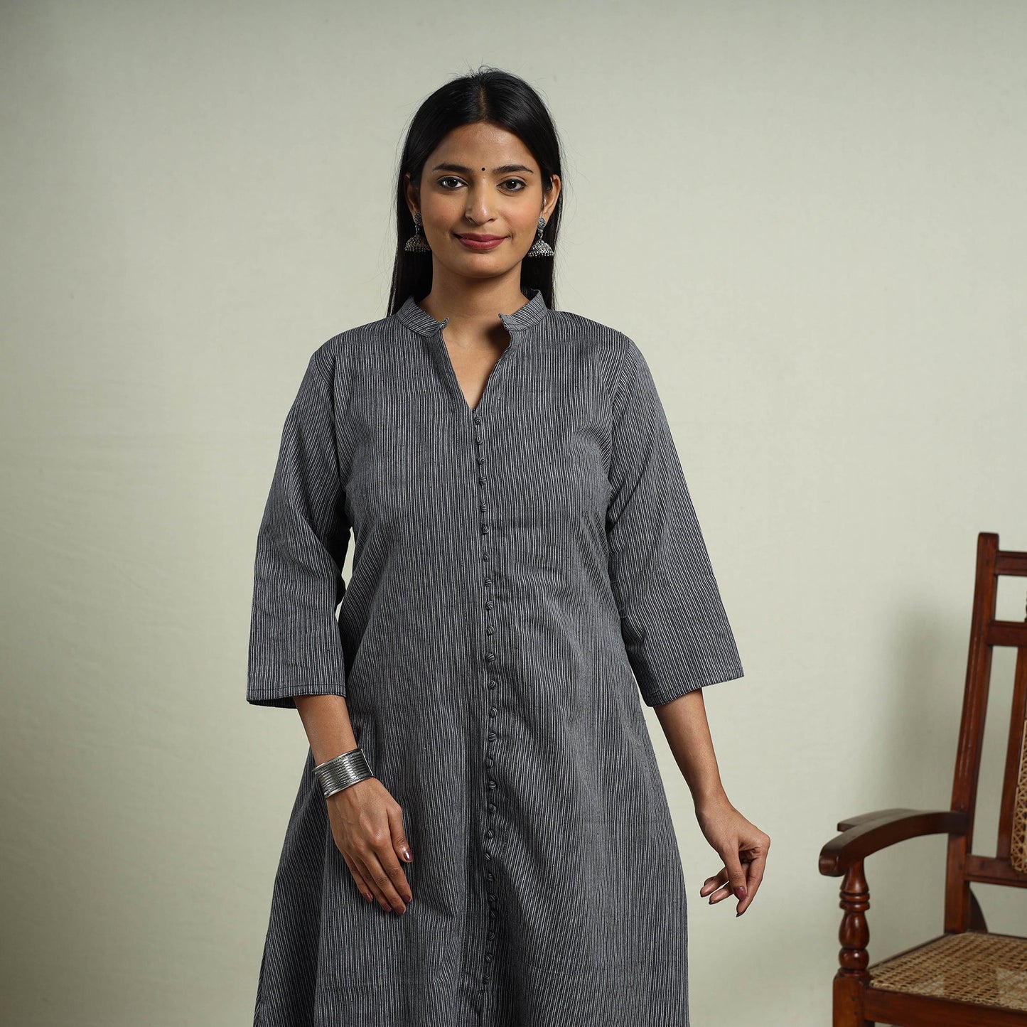 Grey Jhiri Handloom A-Line Cotton Kurta for Women