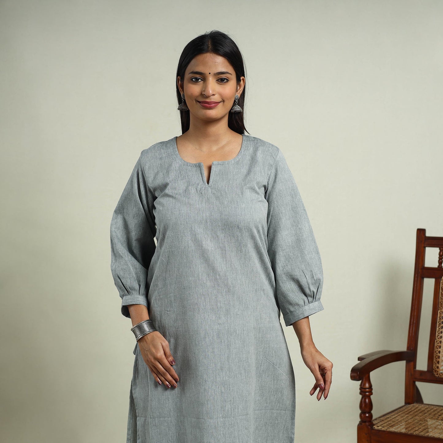 Grey Jhiri Handloom Straight Cotton Kurta for Women