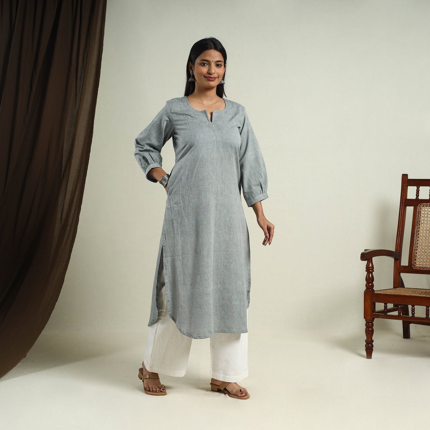 Grey Jhiri Handloom Straight Cotton Kurta for Women