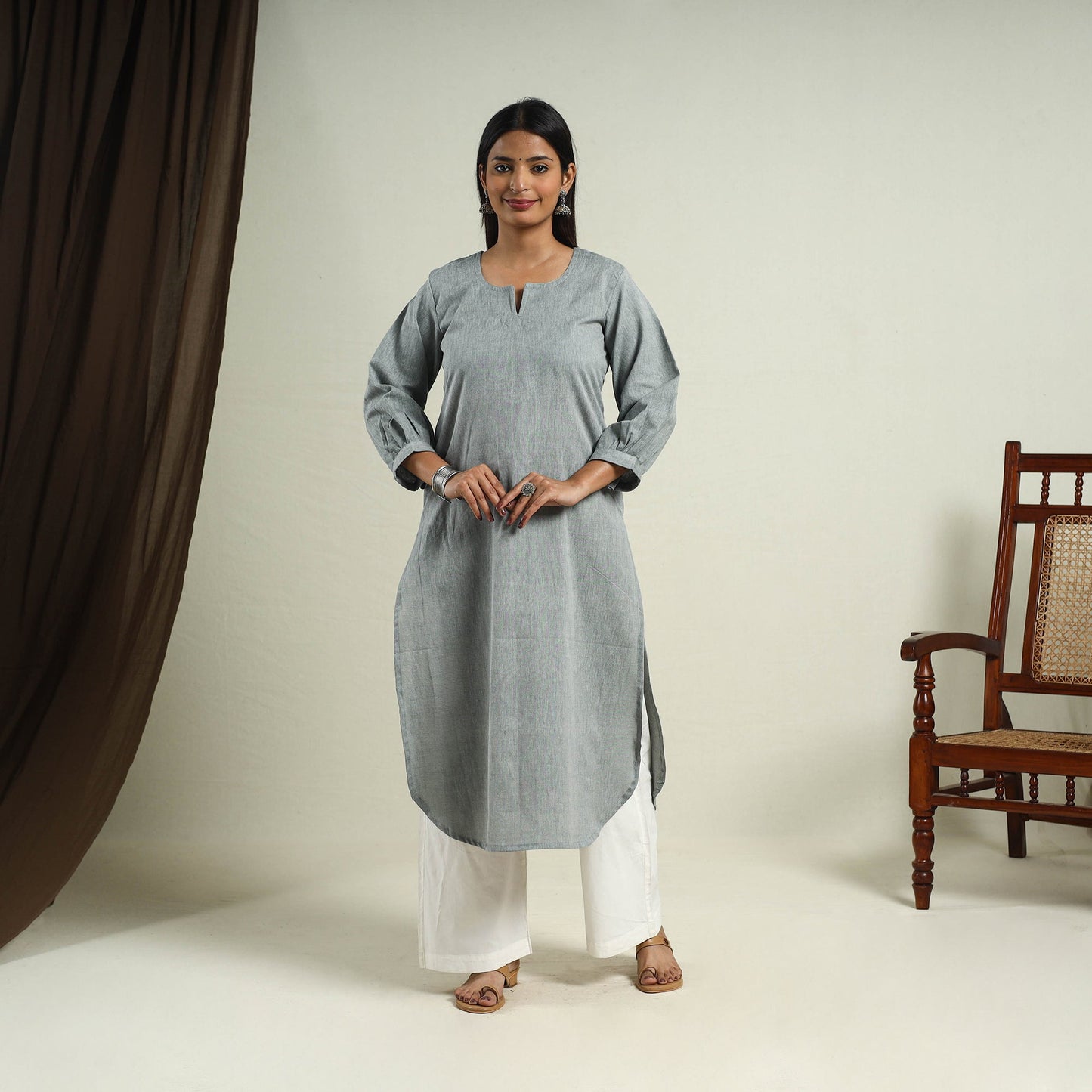 Grey Jhiri Handloom Straight Cotton Kurta for Women