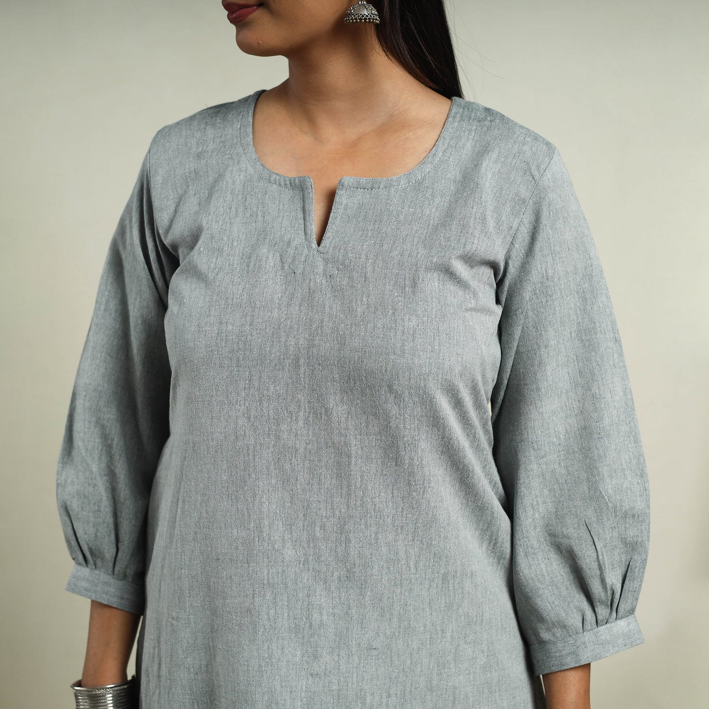 Grey Jhiri Handloom Straight Cotton Kurta for Women