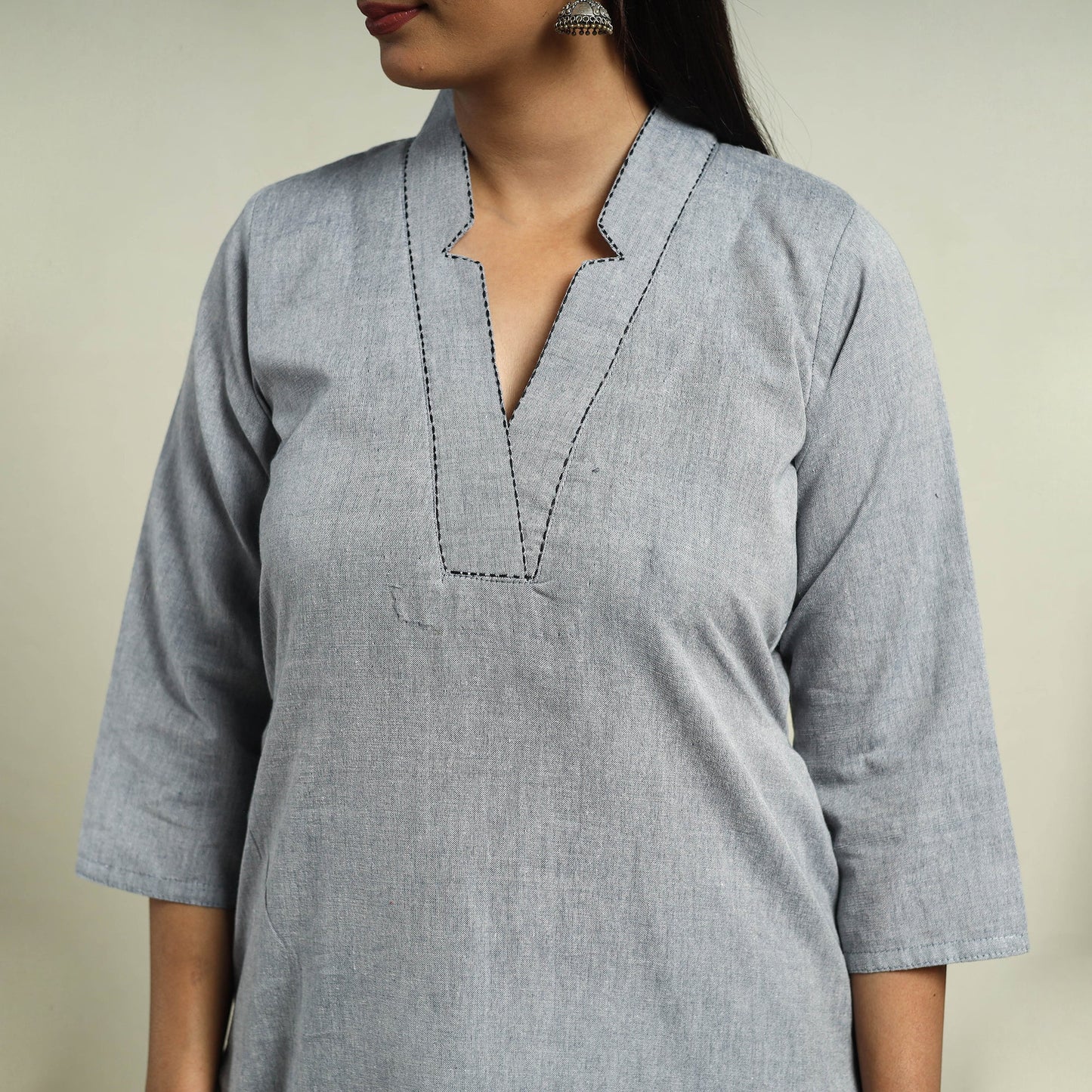 Grey Jhiri Handloom Straight Cotton Kurta for Women