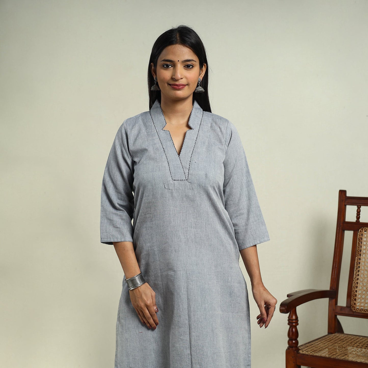 Grey Jhiri Handloom Straight Cotton Kurta for Women