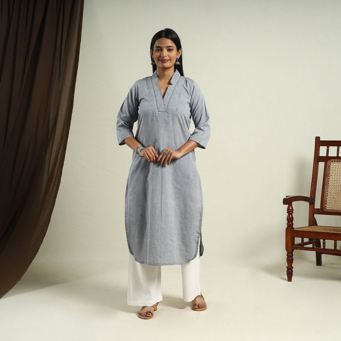 Grey Jhiri Handloom Straight Cotton Kurta for Women