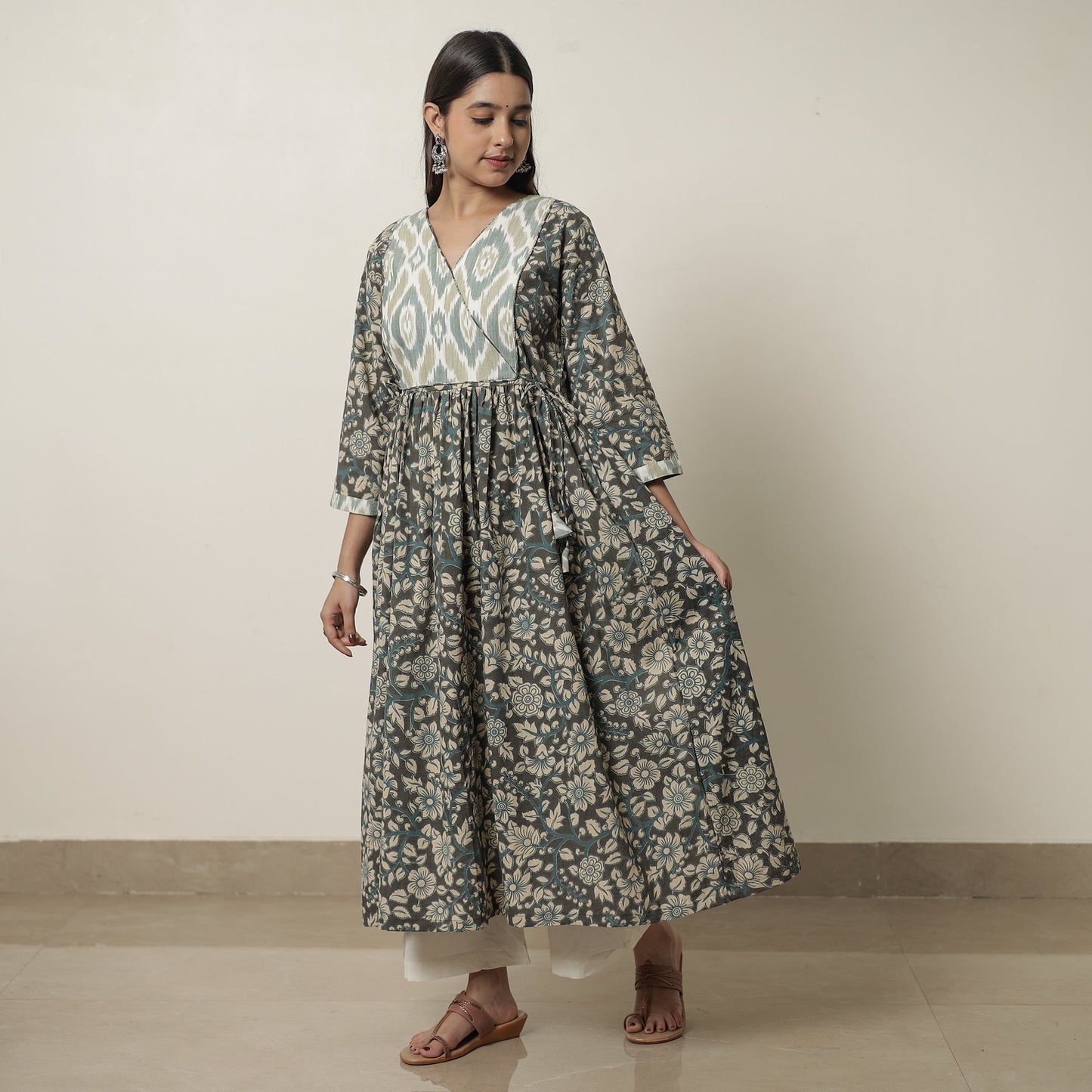 Kalamkari Printed Cotton Flared Kurta with Ikat Patchwork 12