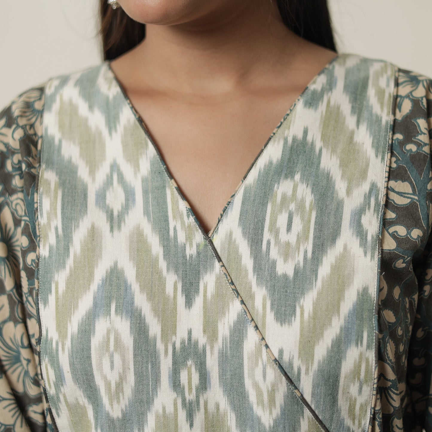 Kalamkari Printed Cotton Flared Kurta with Ikat Patchwork 12