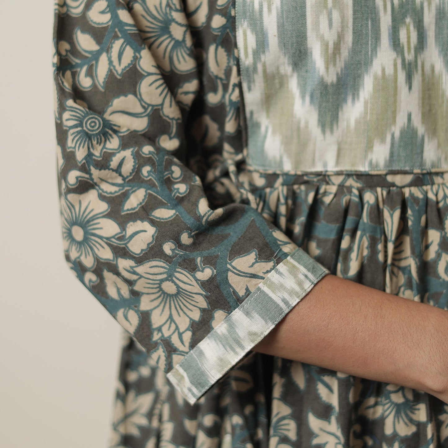 Kalamkari Printed Cotton Flared Kurta with Ikat Patchwork 12