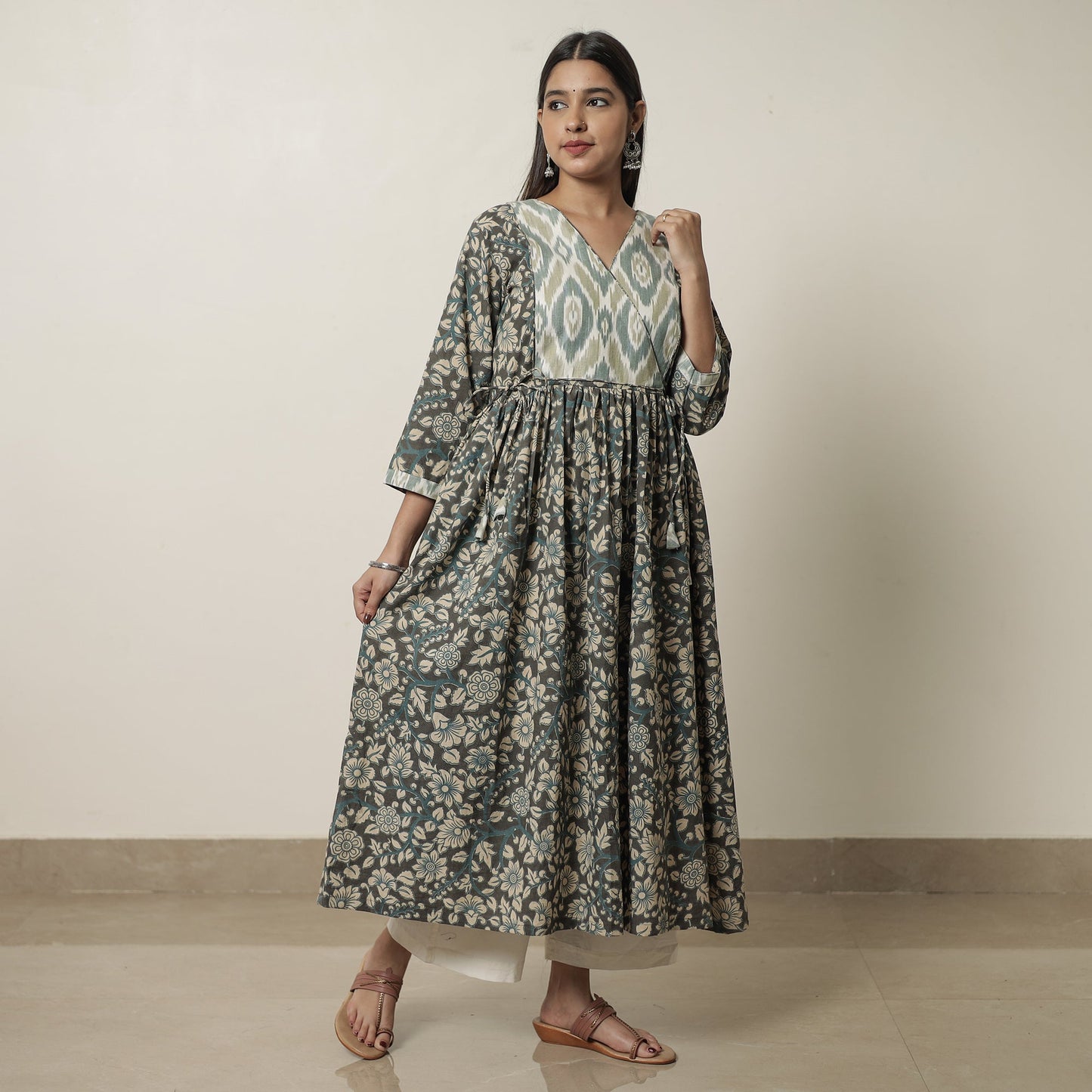 Kalamkari Printed Cotton Flared Kurta with Ikat Patchwork 12