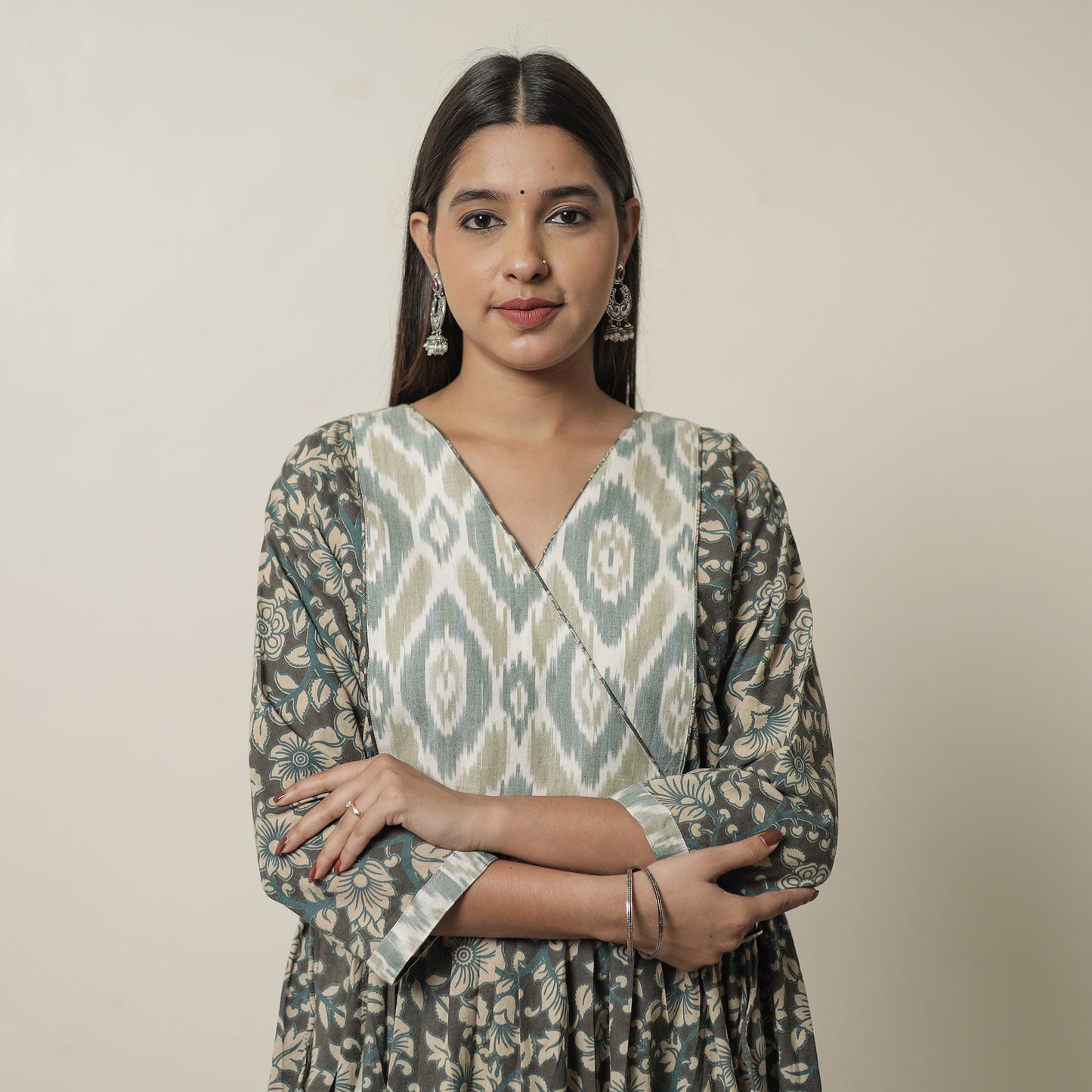 Kalamkari Printed Cotton Flared Kurta with Ikat Patchwork 12
