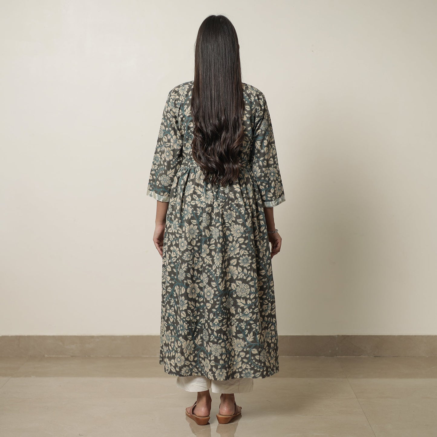 Kalamkari Printed Cotton Flared Kurta with Ikat Patchwork 12