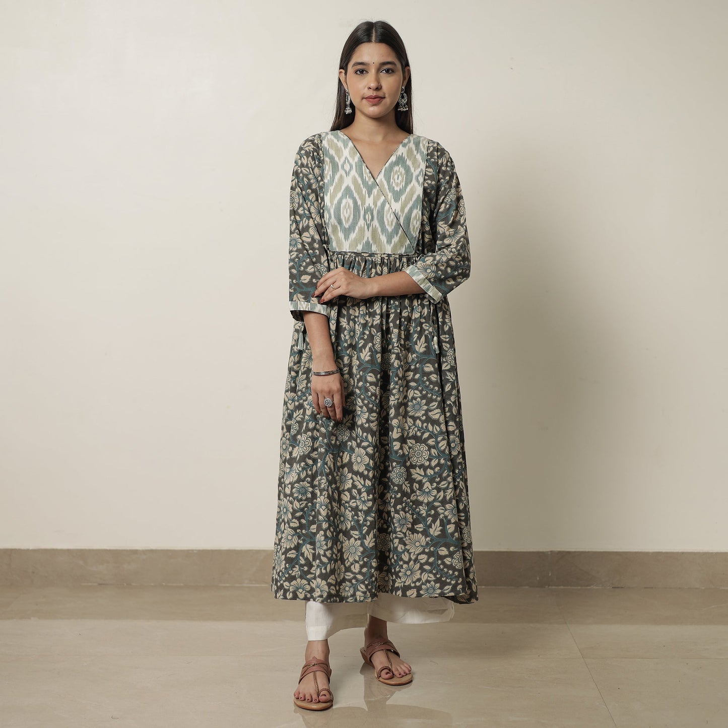 Kalamkari Printed Cotton Flared Kurta with Ikat Patchwork 12