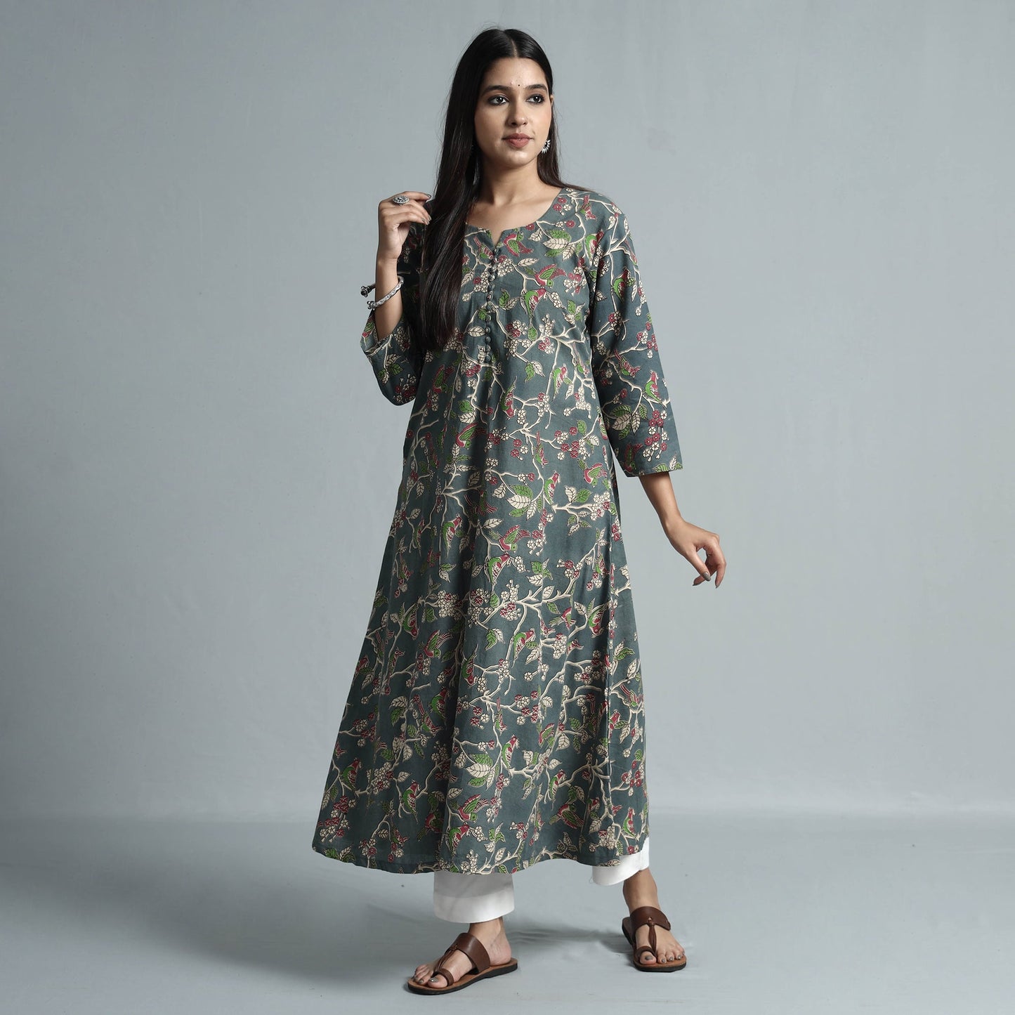 Grey - kalamkari printed cotton kurta - handcrafted