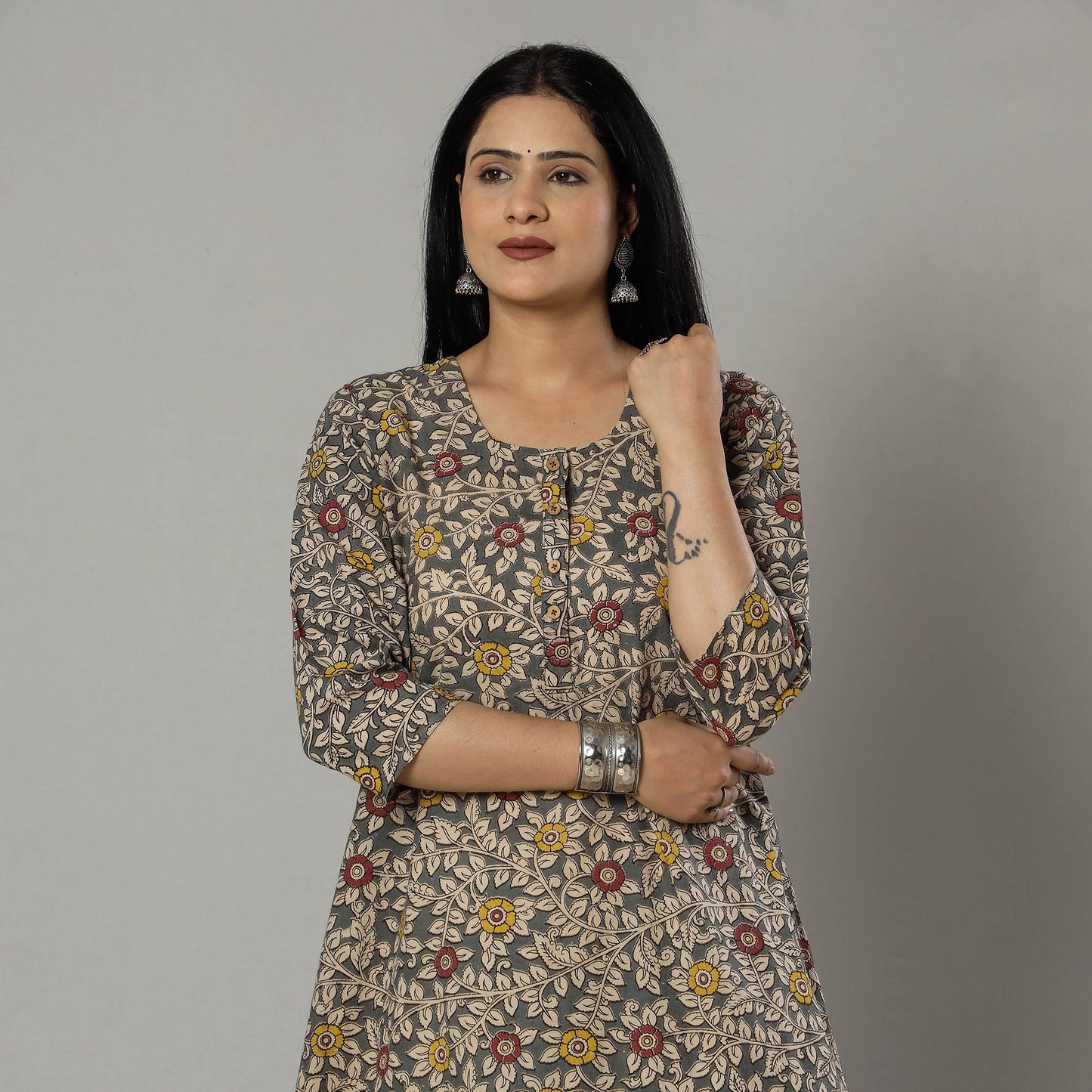 Pink Texture Kalamkari Printed Cotton Kurta For Women