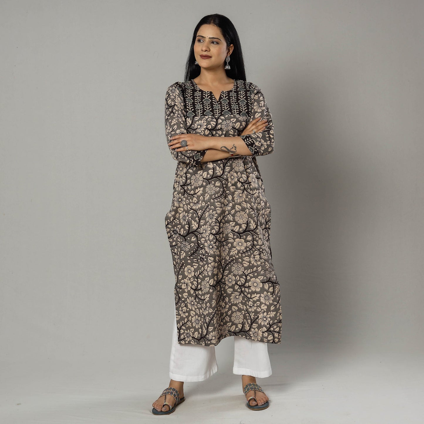 Pink Texture Kalamkari Printed Cotton Kurta For Women