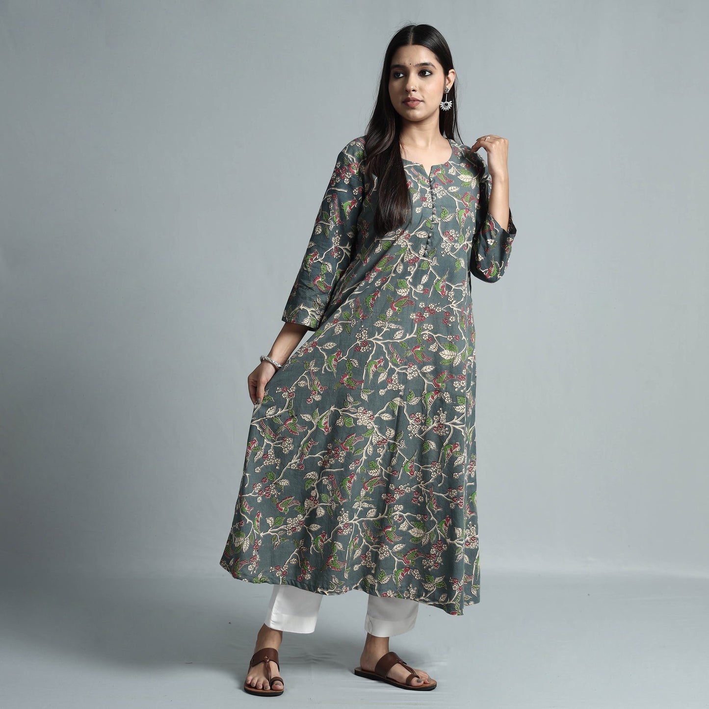 Grey - kalamkari printed cotton kurta - handcrafted