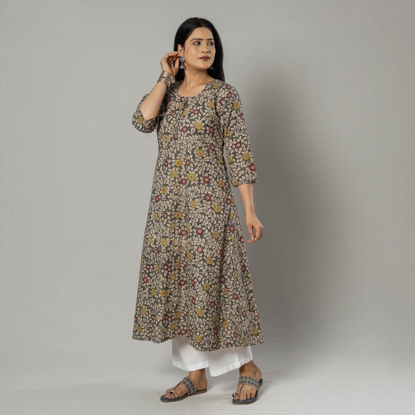 Pink Texture Kalamkari Printed Cotton Kurta For Women
