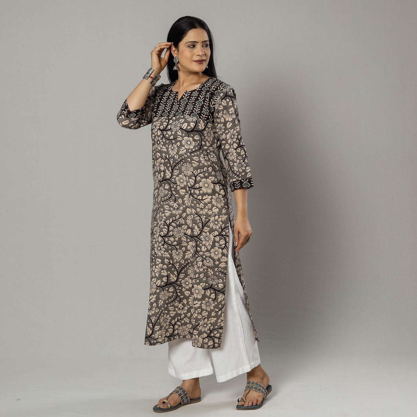 Pink Texture Kalamkari Printed Cotton Kurta For Women