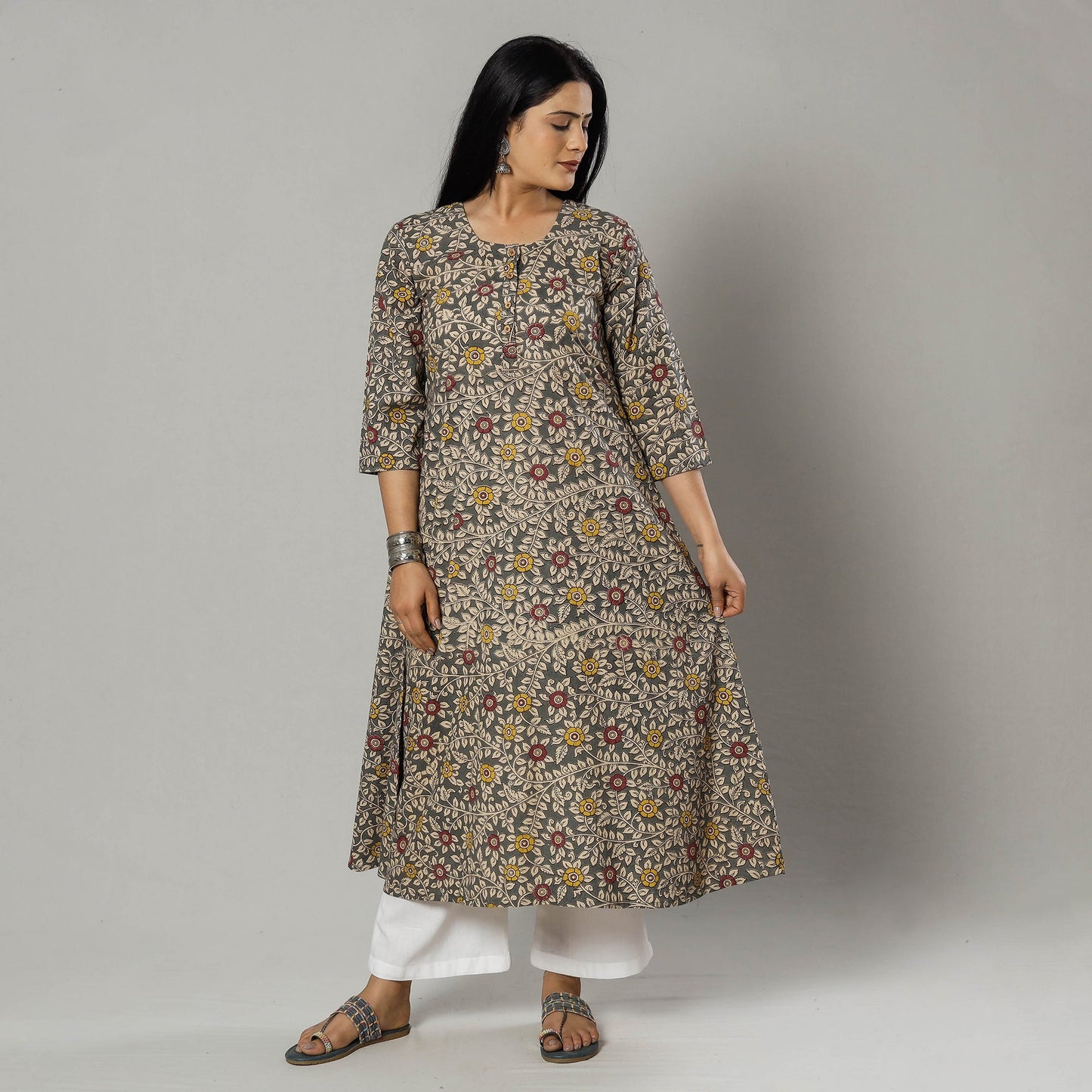 Pink Texture Kalamkari Printed Cotton Kurta For Women