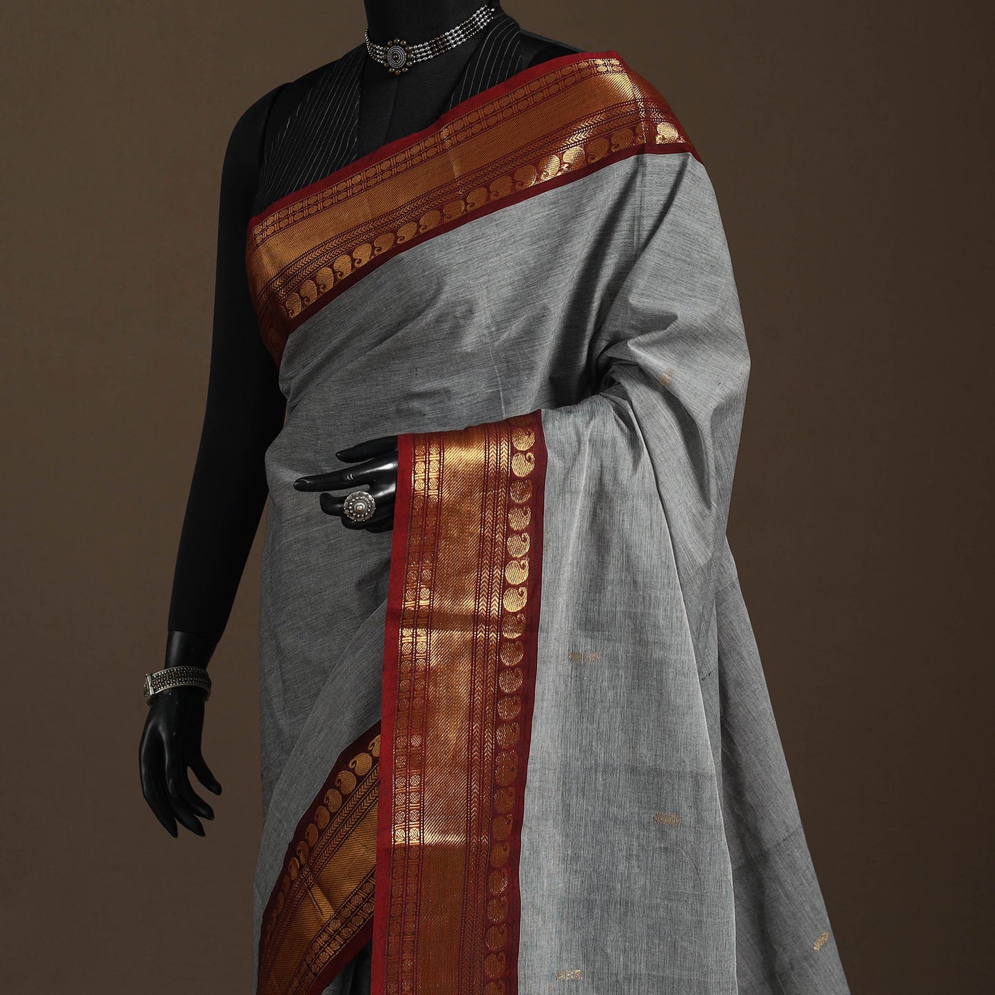 Grey - kandangi buti chettinad cotton saree with border 03