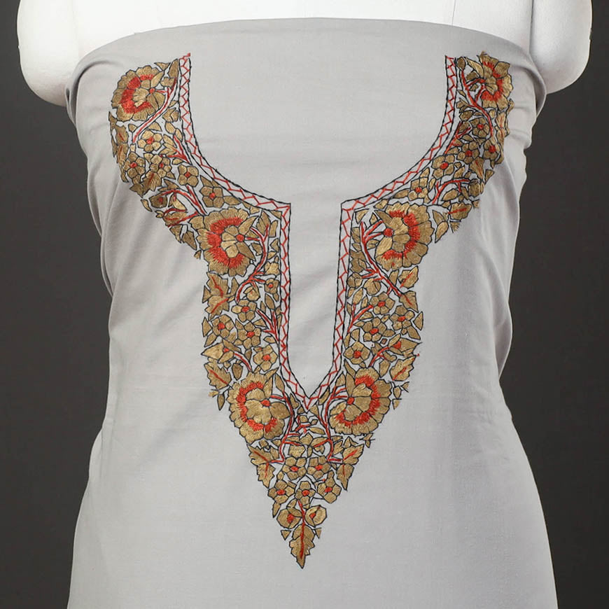 Grey Kashida Hand Embroidery Cotton Kurta Material