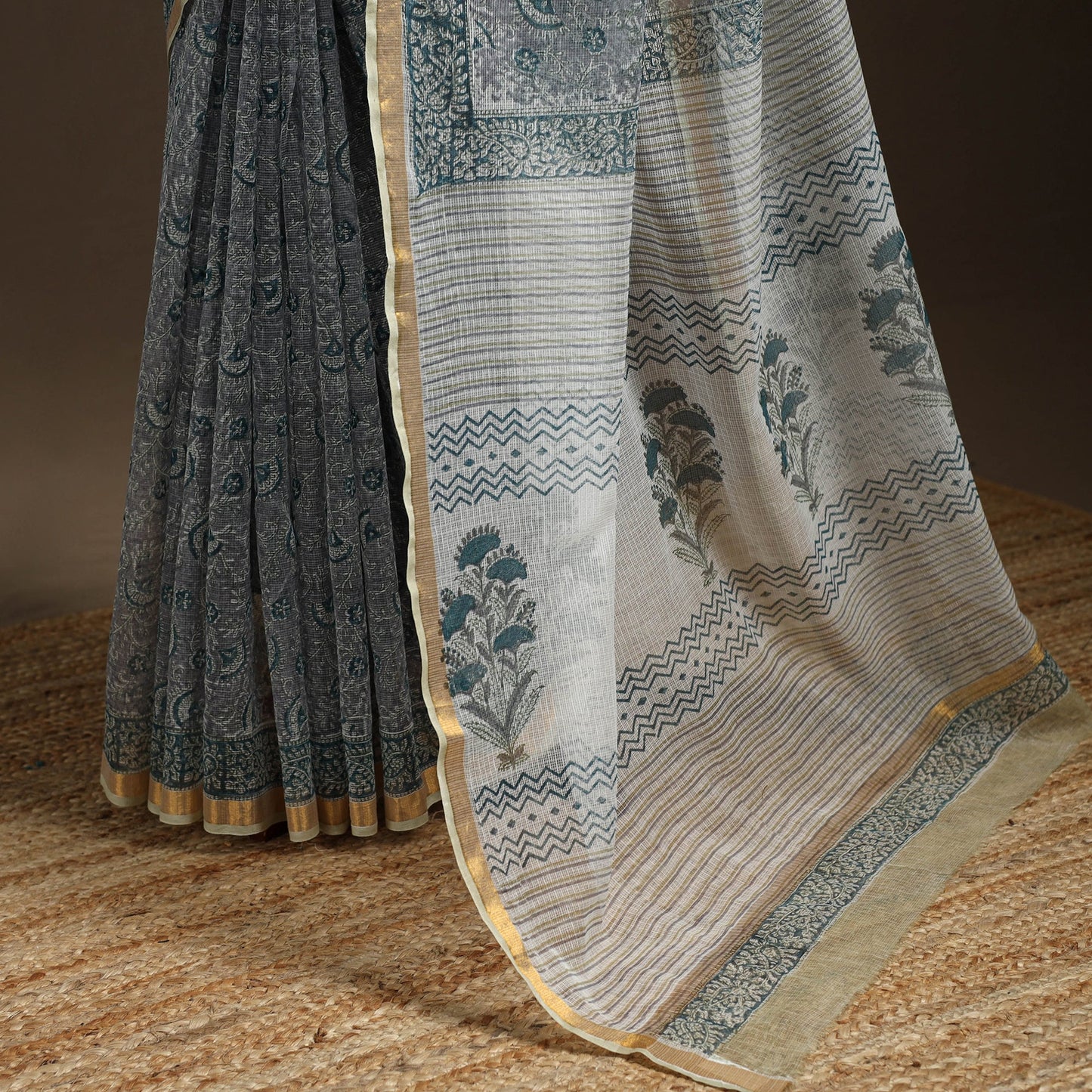 Grey - kota doria cotton sanganeri saree 09 - handcrafted