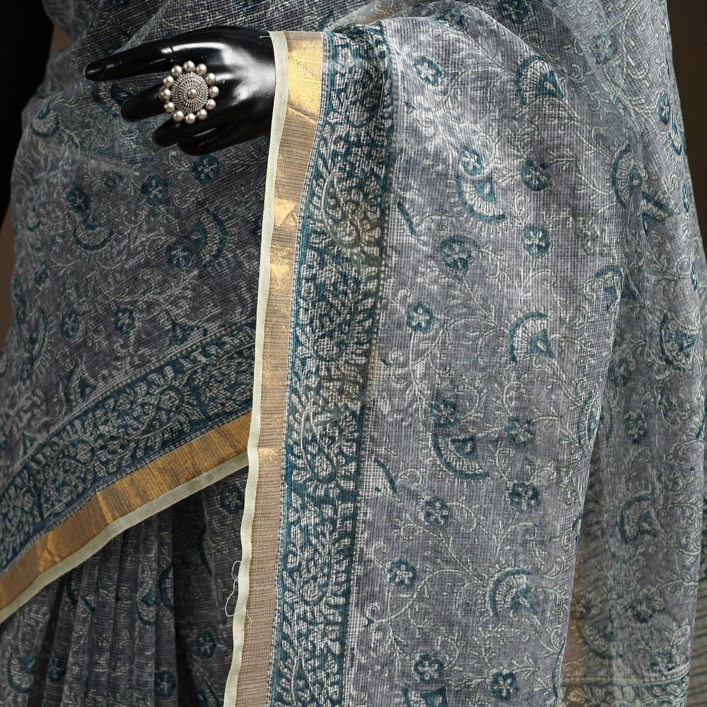 Grey - kota doria cotton sanganeri saree 09 - handcrafted