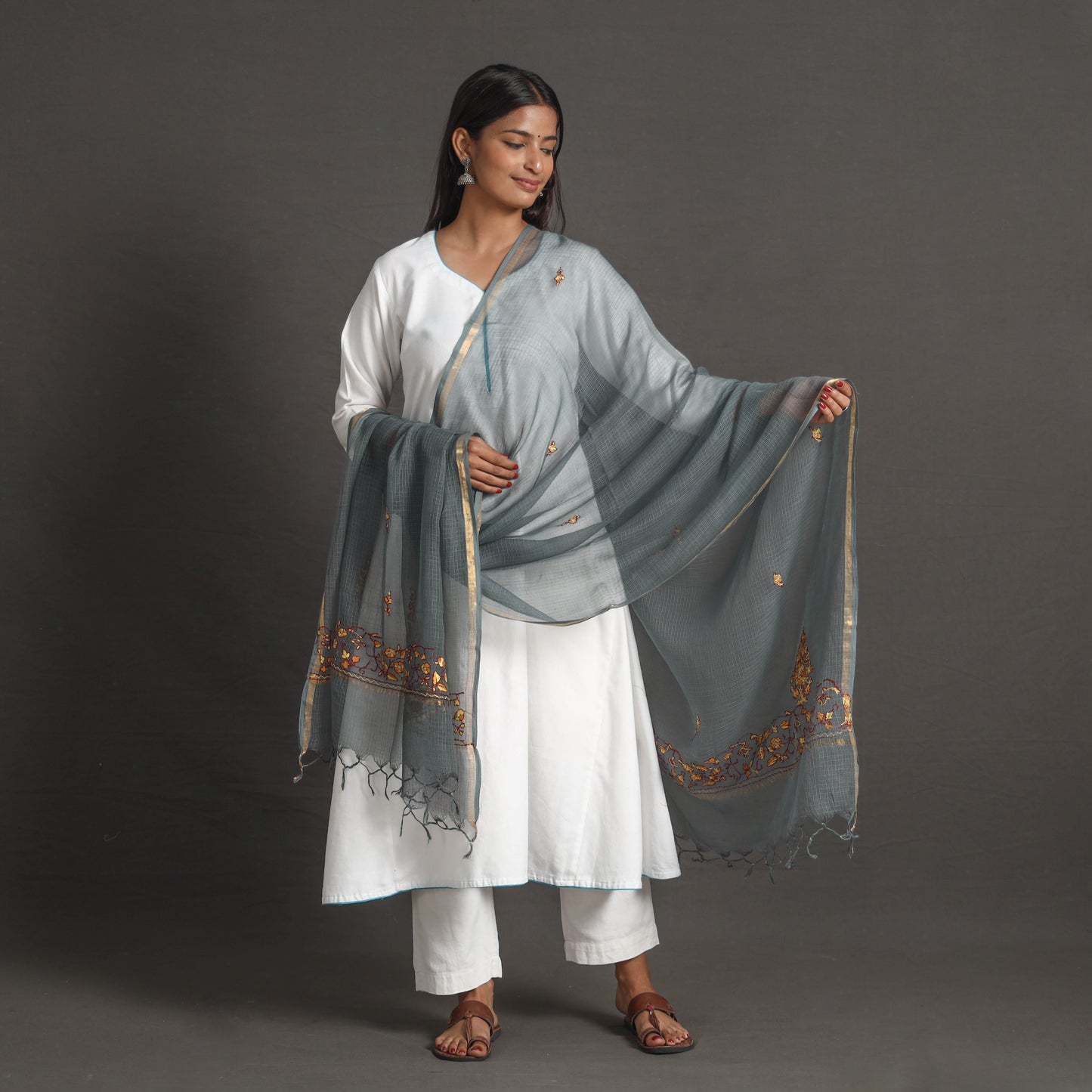 Grey - kota doria silk cotton kashida embroidery dupatta 36