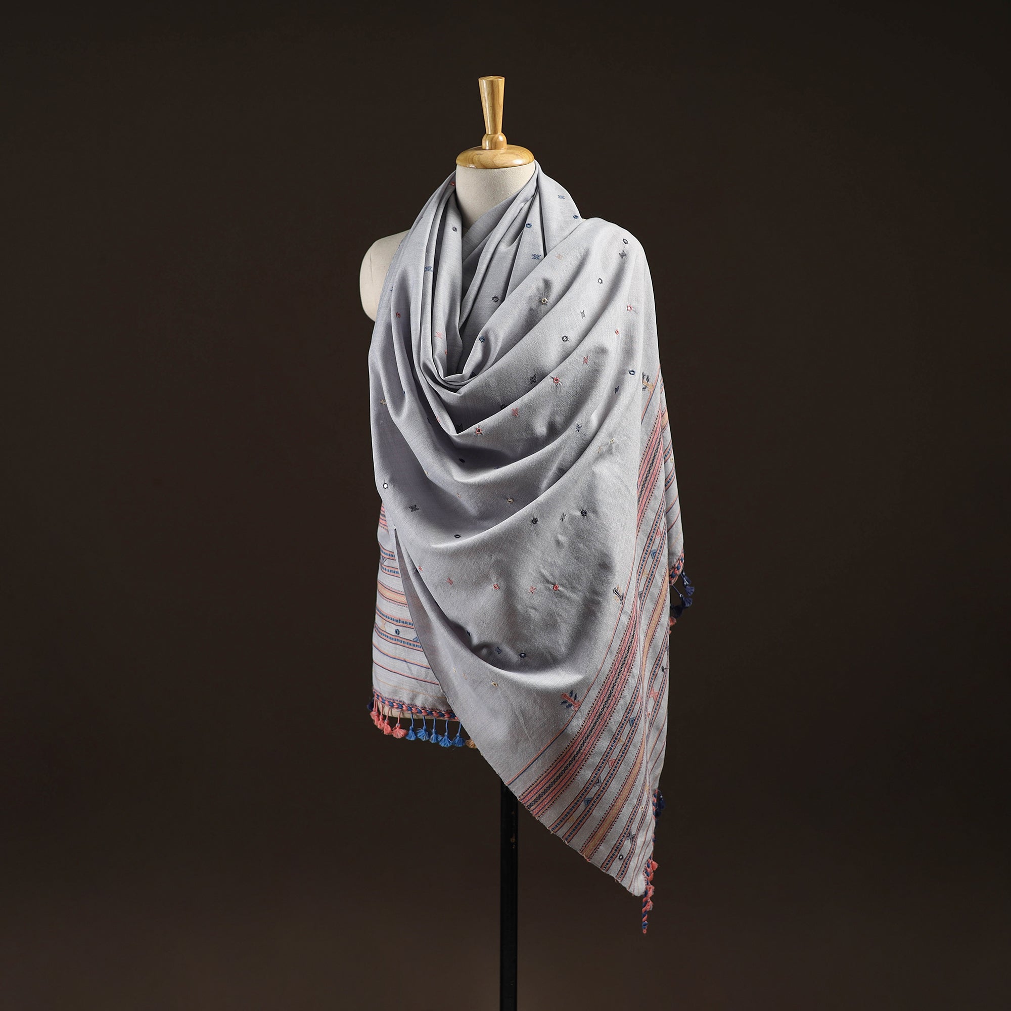 Grey - Kutch Handwoven Mirror Work Acrylic Wool Shawl 168