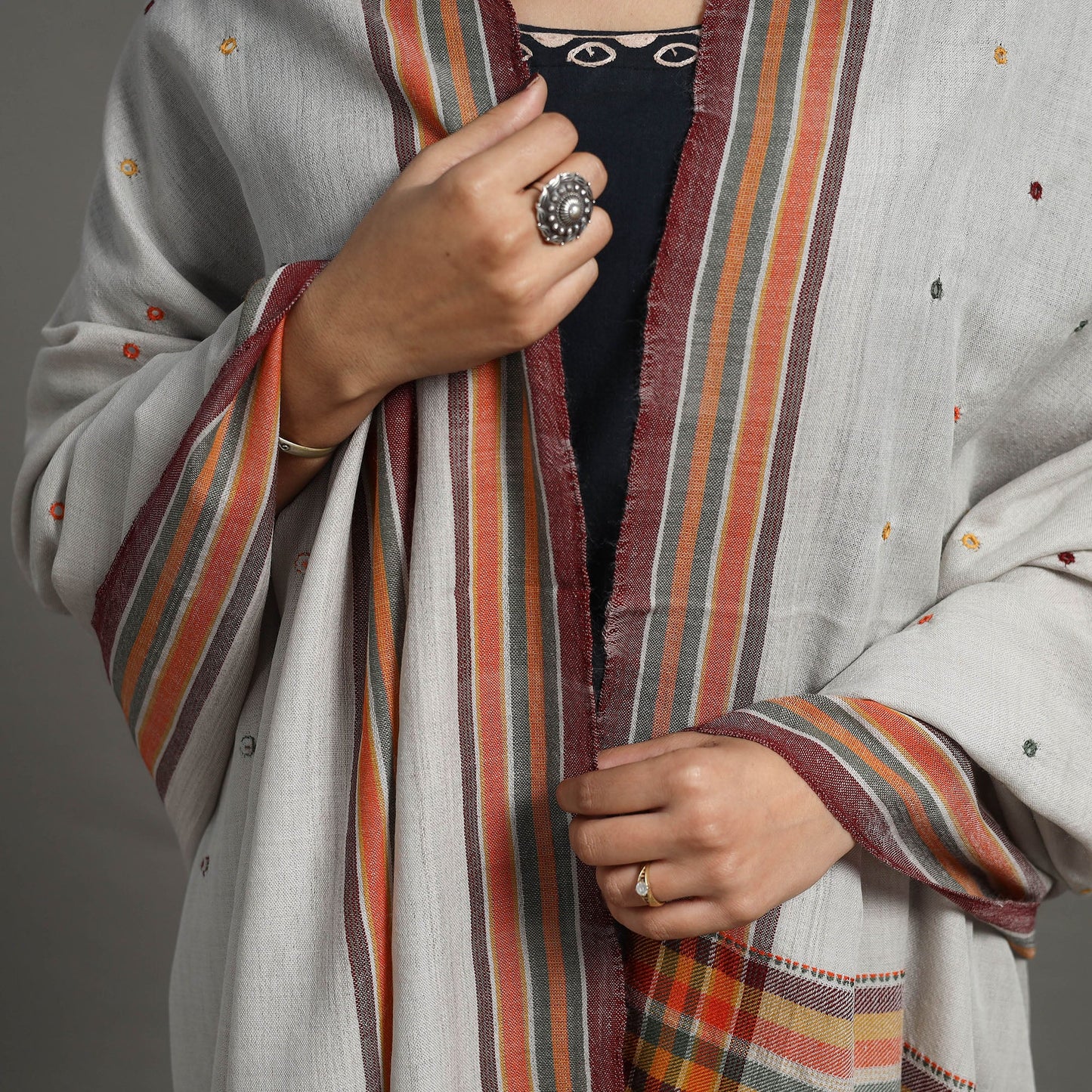 Grey - Kutch Embroidery Mirror Work Handwoven Woolen Shawl 02